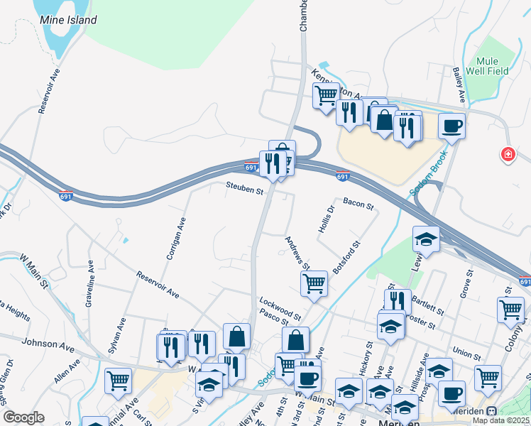 map of restaurants, bars, coffee shops, grocery stores, and more near 277 Chamberlain Highway in Meriden