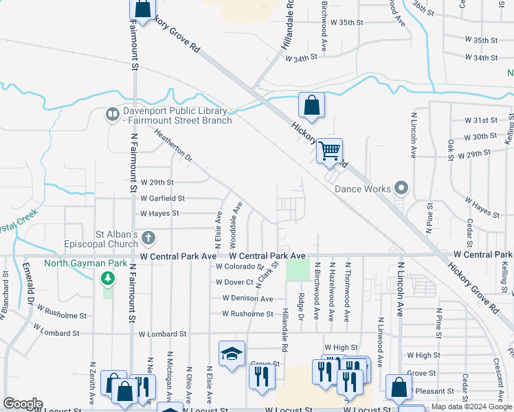 map of restaurants, bars, coffee shops, grocery stores, and more near 3240 Heatherton Drive in Davenport