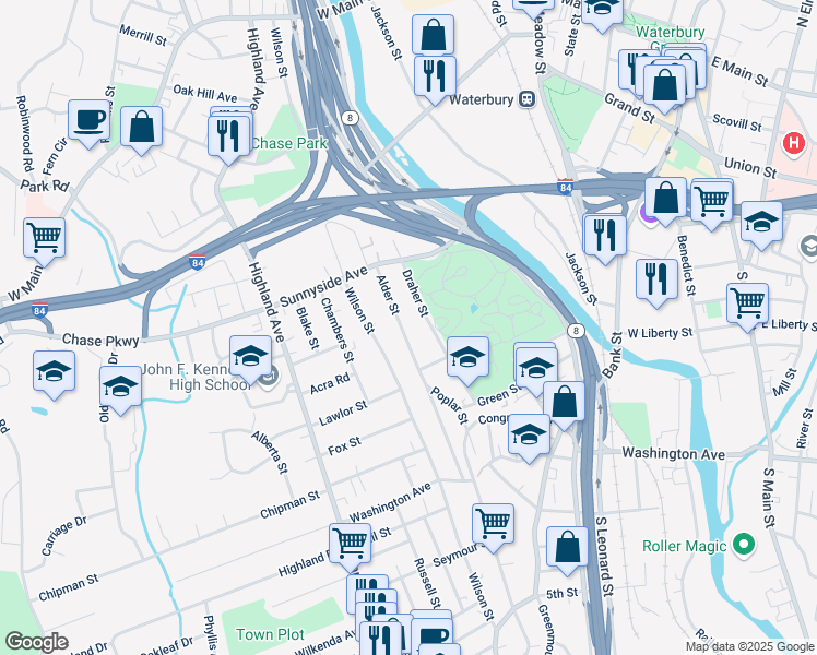 map of restaurants, bars, coffee shops, grocery stores, and more near 172 Alder Street in Waterbury