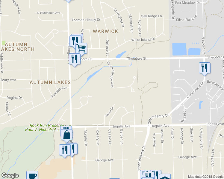 map of restaurants, bars, coffee shops, grocery stores, and more near 3024 Covered Bridge Way in Joliet