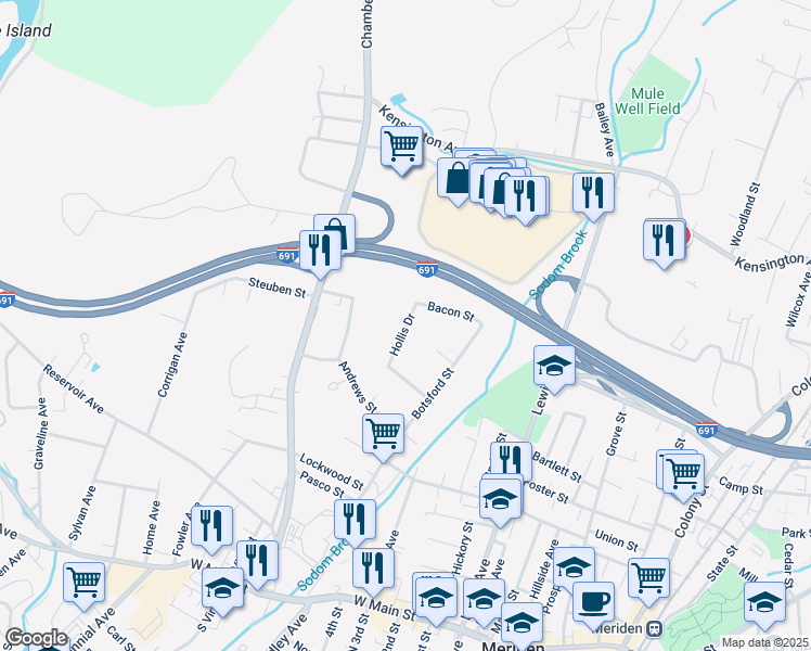 map of restaurants, bars, coffee shops, grocery stores, and more near 64 Hollis Drive in Meriden