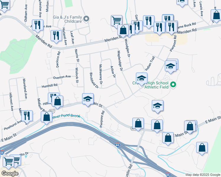 map of restaurants, bars, coffee shops, grocery stores, and more near 258 Birchfield Drive in Waterbury