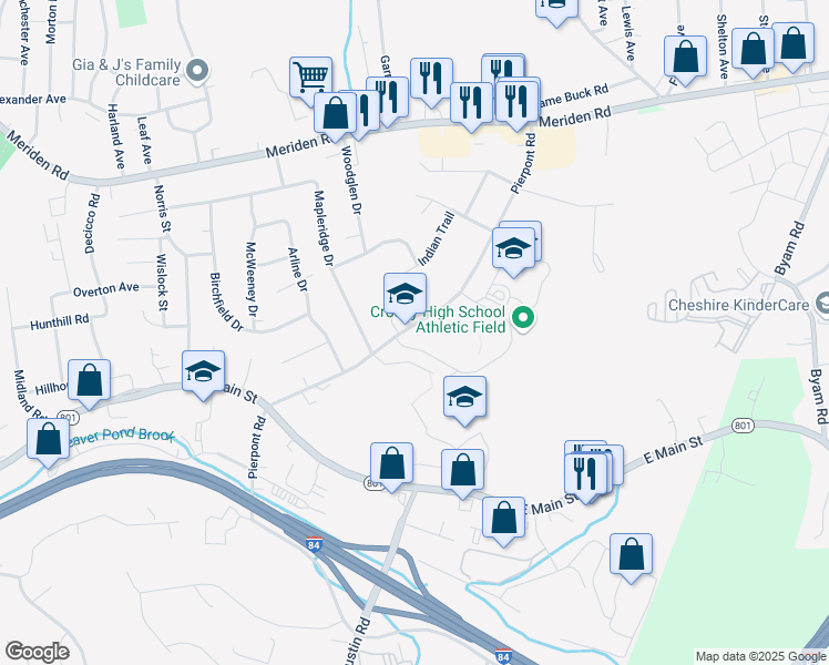 map of restaurants, bars, coffee shops, grocery stores, and more near 300 Pierpont Road in Waterbury