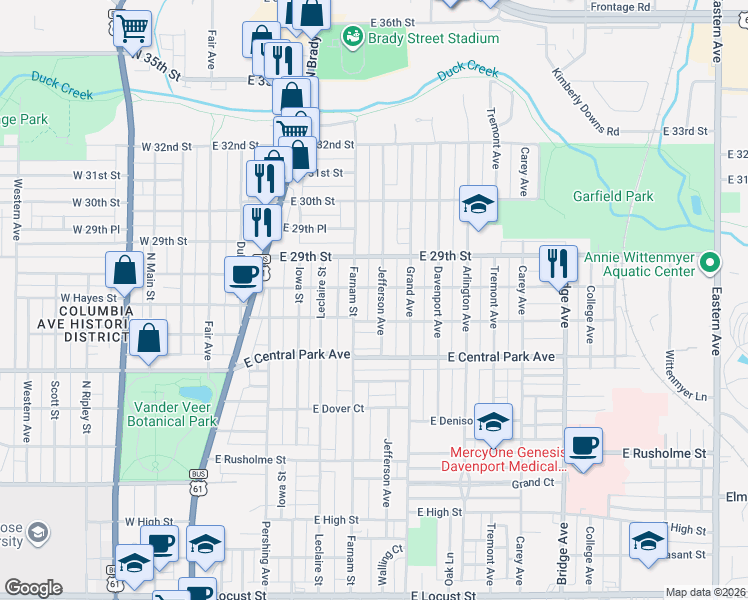 map of restaurants, bars, coffee shops, grocery stores, and more near 2811 Jefferson Avenue in Davenport