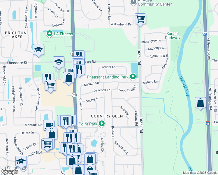 map of restaurants, bars, coffee shops, grocery stores, and more near 4515 Peacock Lane in Plainfield