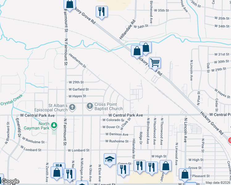 map of restaurants, bars, coffee shops, grocery stores, and more near 2745 Wooddale Avenue in Davenport