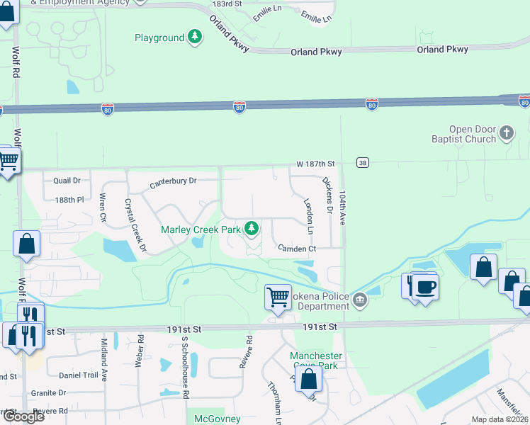map of restaurants, bars, coffee shops, grocery stores, and more near 10508 English Bay Road in Mokena