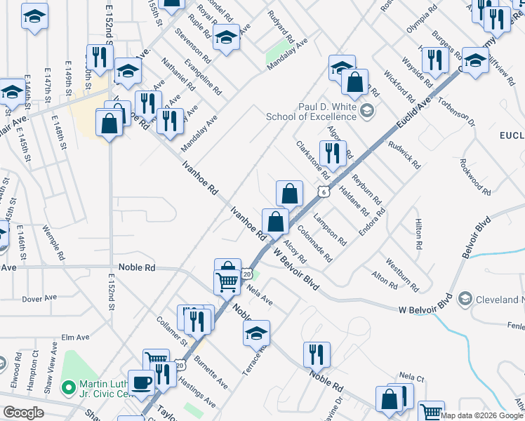 map of restaurants, bars, coffee shops, grocery stores, and more near 1748 Victoria Road in Cleveland