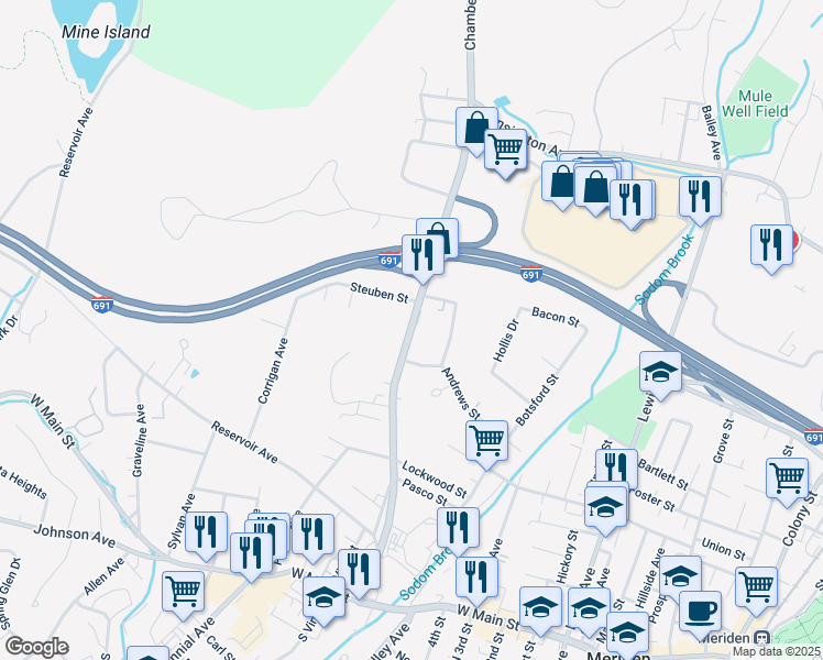 map of restaurants, bars, coffee shops, grocery stores, and more near 279 Chamberlain Highway in Meriden