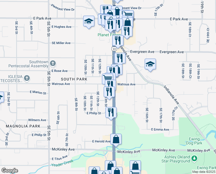map of restaurants, bars, coffee shops, grocery stores, and more near 1301 Watrous Avenue in Des Moines