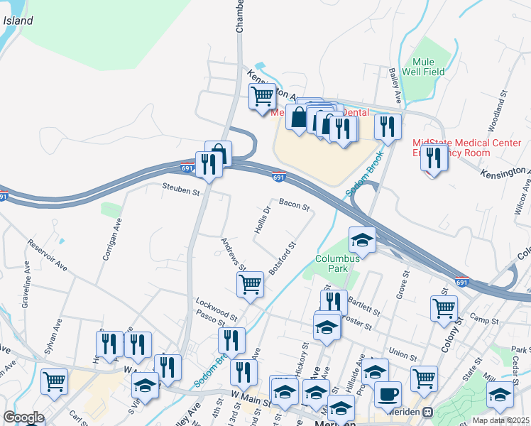 map of restaurants, bars, coffee shops, grocery stores, and more near 66 Hollis Drive in Meriden
