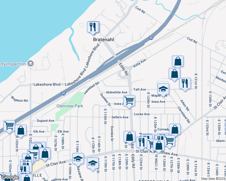 map of restaurants, bars, coffee shops, grocery stores, and more near 11601 Rutland Avenue in Cleveland