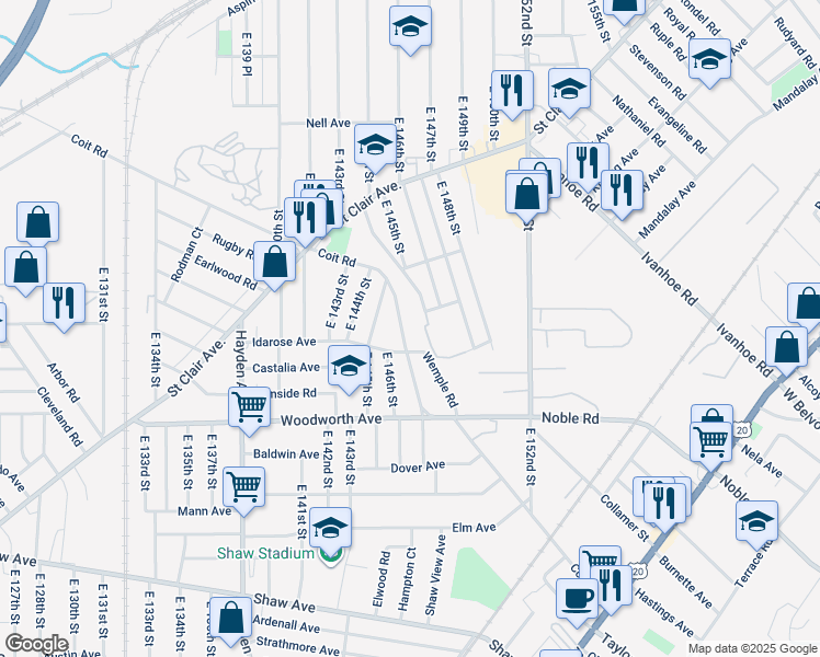 map of restaurants, bars, coffee shops, grocery stores, and more near 14528 Coit Road in Cleveland
