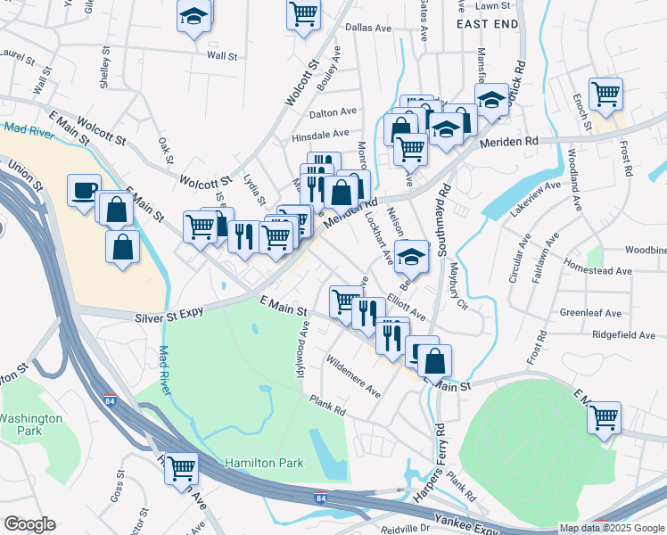map of restaurants, bars, coffee shops, grocery stores, and more near 38 Woodward Avenue in Waterbury
