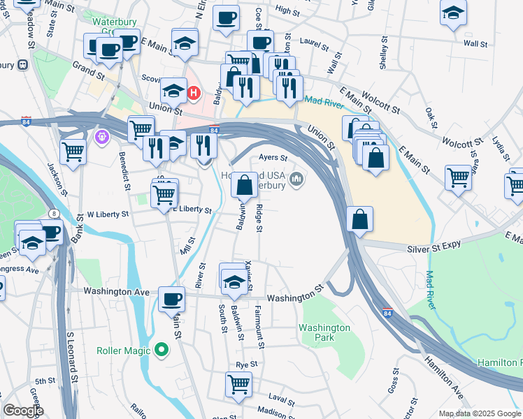 map of restaurants, bars, coffee shops, grocery stores, and more near 10 Carmen Street in Waterbury