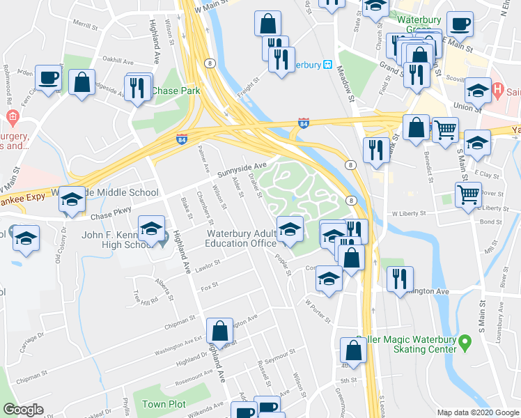 map of restaurants, bars, coffee shops, grocery stores, and more near 125 Draher Street in Waterbury