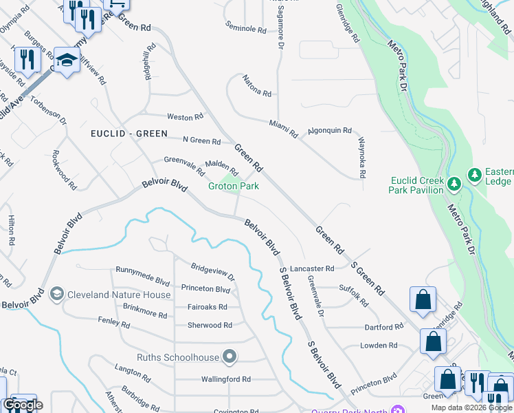 map of restaurants, bars, coffee shops, grocery stores, and more near 2469 Greenvale Road in Cleveland