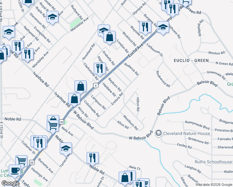 map of restaurants, bars, coffee shops, grocery stores, and more near 1860 Reyburn Road in Cleveland