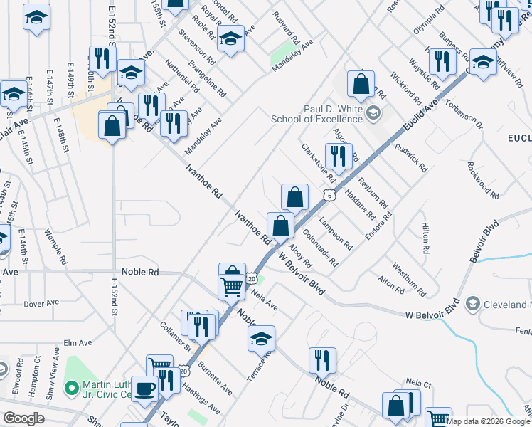 map of restaurants, bars, coffee shops, grocery stores, and more near 1748 Victoria Road in Cleveland
