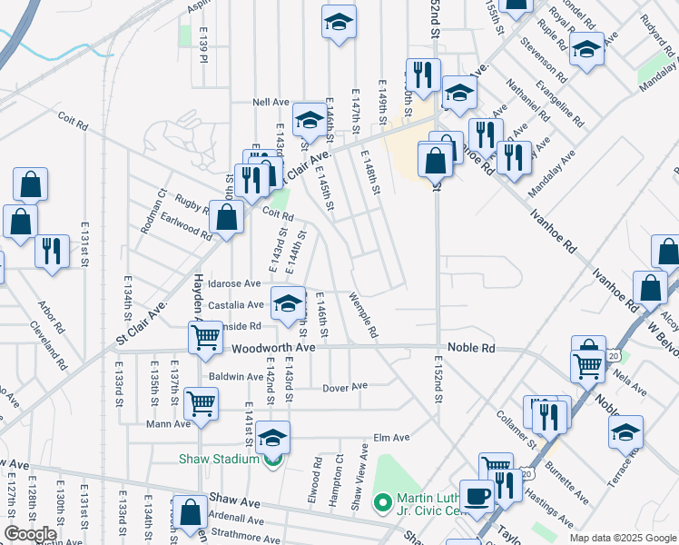 map of restaurants, bars, coffee shops, grocery stores, and more near 14528 Coit Road in Cleveland