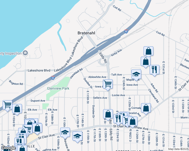 map of restaurants, bars, coffee shops, grocery stores, and more near 11601 Rutland Avenue in Cleveland