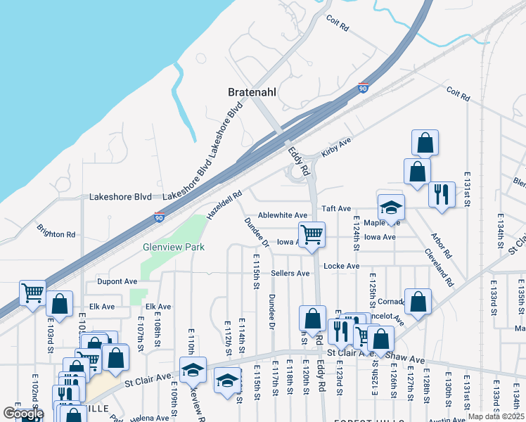 map of restaurants, bars, coffee shops, grocery stores, and more near 11601 Rutland Avenue in Cleveland