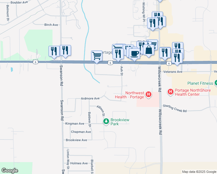 map of restaurants, bars, coffee shops, grocery stores, and more near 5792 Creekview Court West in Portage