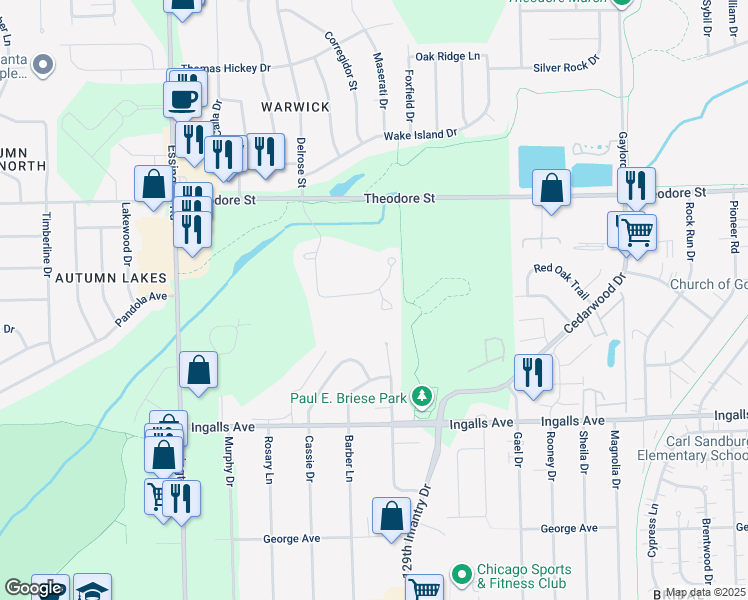 map of restaurants, bars, coffee shops, grocery stores, and more near 1425 Covered Bridge Way in Joliet