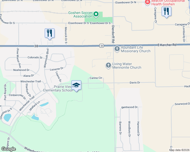 map of restaurants, bars, coffee shops, grocery stores, and more near 2001 Carina Circle in Goshen