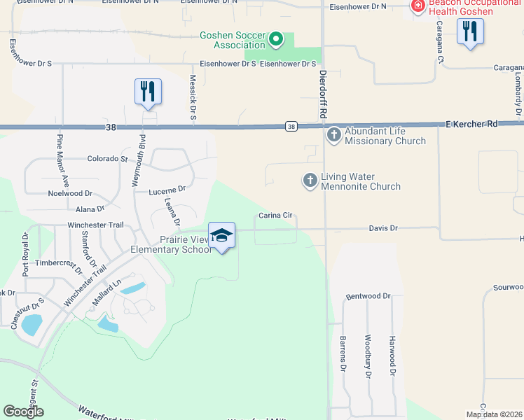 map of restaurants, bars, coffee shops, grocery stores, and more near 2001 Carina Circle in Goshen