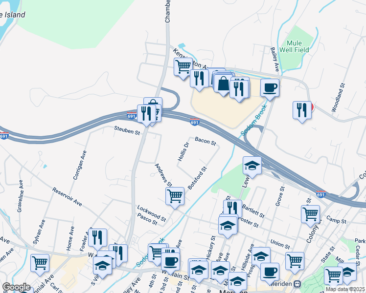 map of restaurants, bars, coffee shops, grocery stores, and more near 64 Hollis Drive in Meriden