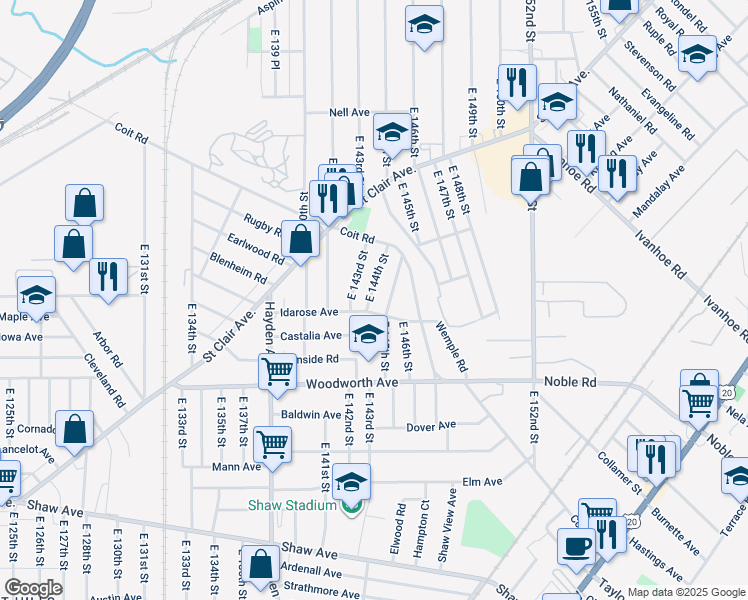 map of restaurants, bars, coffee shops, grocery stores, and more near 1137 East 144th Street in Cleveland