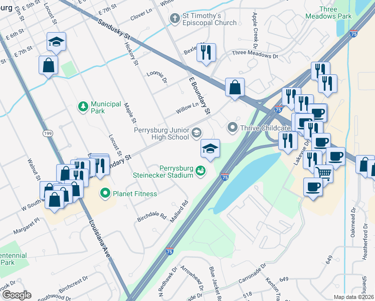 map of restaurants, bars, coffee shops, grocery stores, and more near 550 East South Boundary Street in Perrysburg