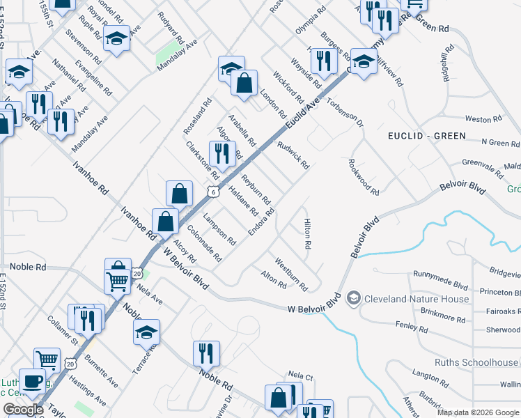 map of restaurants, bars, coffee shops, grocery stores, and more near 1860 Reyburn Road in Cleveland