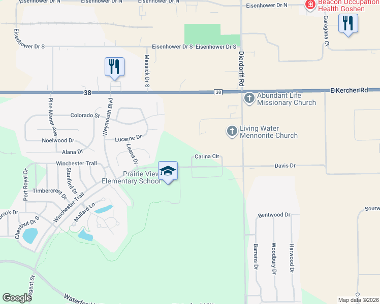map of restaurants, bars, coffee shops, grocery stores, and more near 1901 Carina Circle in Goshen