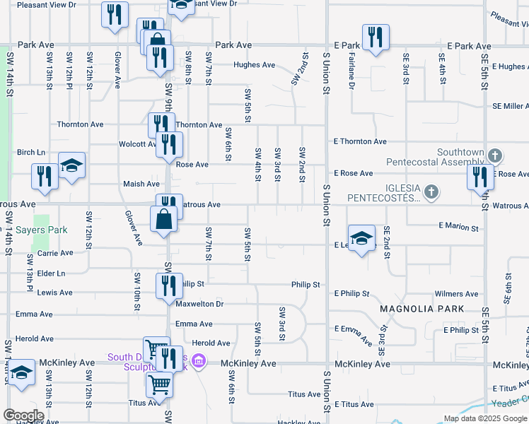 map of restaurants, bars, coffee shops, grocery stores, and more near 314 Watrous Avenue in Des Moines