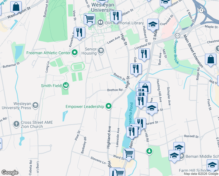 map of restaurants, bars, coffee shops, grocery stores, and more near 18 Bretton Road in Middletown