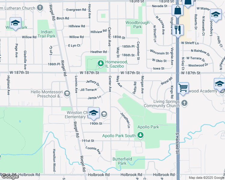 map of restaurants, bars, coffee shops, grocery stores, and more near 18734 May Avenue in Homewood