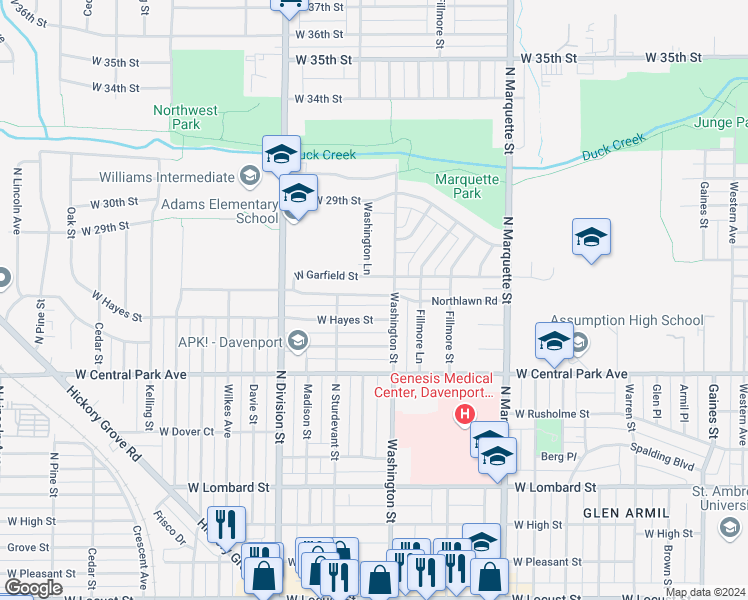 map of restaurants, bars, coffee shops, grocery stores, and more near 1519 Northlawn Road in Davenport