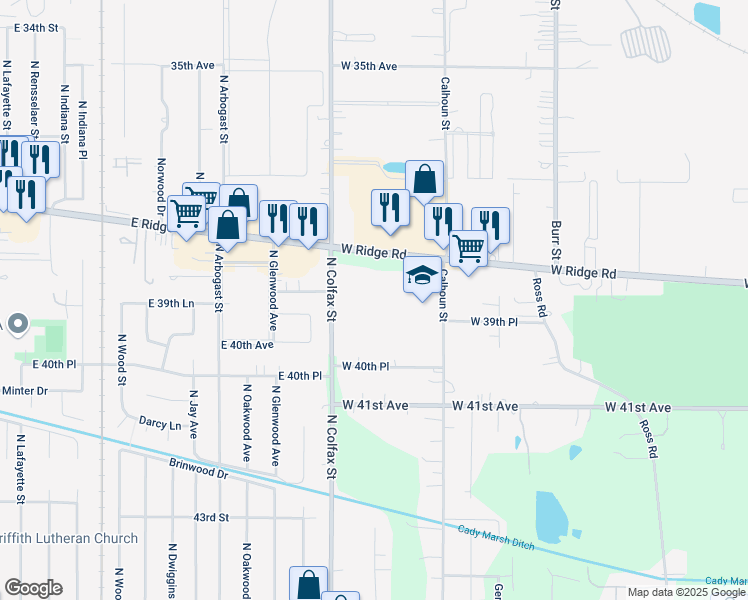 map of restaurants, bars, coffee shops, grocery stores, and more near 3900 Calhoun Street in Gary