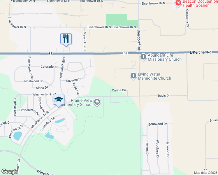 map of restaurants, bars, coffee shops, grocery stores, and more near 1901 Carina Circle in Goshen