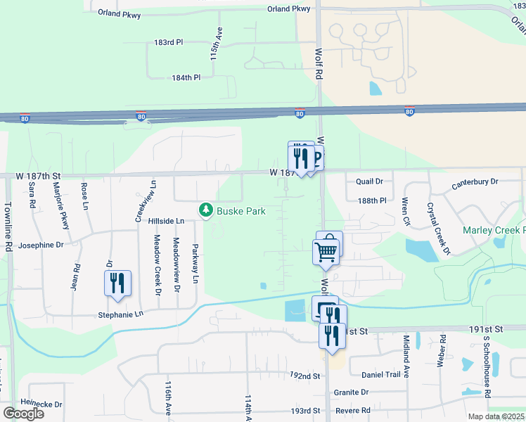 map of restaurants, bars, coffee shops, grocery stores, and more near 18802 113th Avenue in Mokena