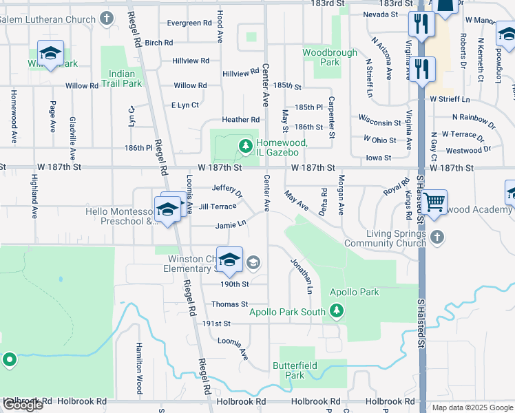 map of restaurants, bars, coffee shops, grocery stores, and more near 1212 Jamie Lane in Homewood