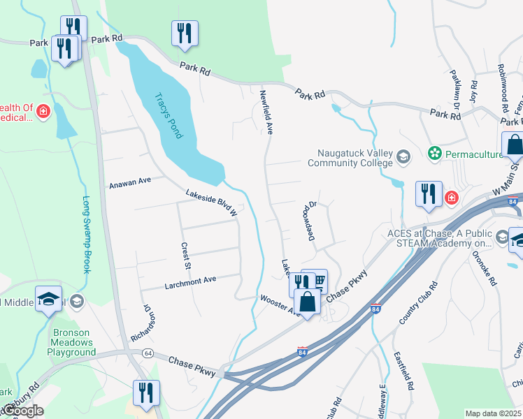 map of restaurants, bars, coffee shops, grocery stores, and more near 295 Lakeside Boulevard East in Waterbury