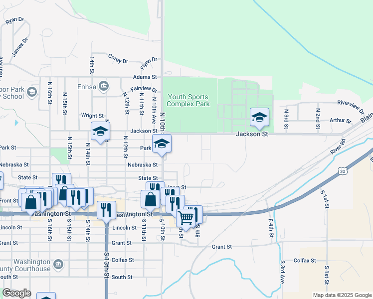 map of restaurants, bars, coffee shops, grocery stores, and more near 440 North 10th Street in Blair
