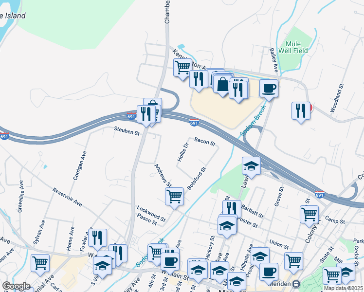 map of restaurants, bars, coffee shops, grocery stores, and more near 66 Hollis Drive in Meriden
