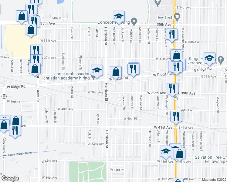 map of restaurants, bars, coffee shops, grocery stores, and more near 704 West 39th Avenue in Gary