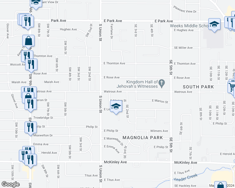 map of restaurants, bars, coffee shops, grocery stores, and more near 121 East Watrous Avenue in Des Moines