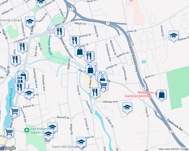 map of restaurants, bars, coffee shops, grocery stores, and more near 12 Saybrook Road in Middletown