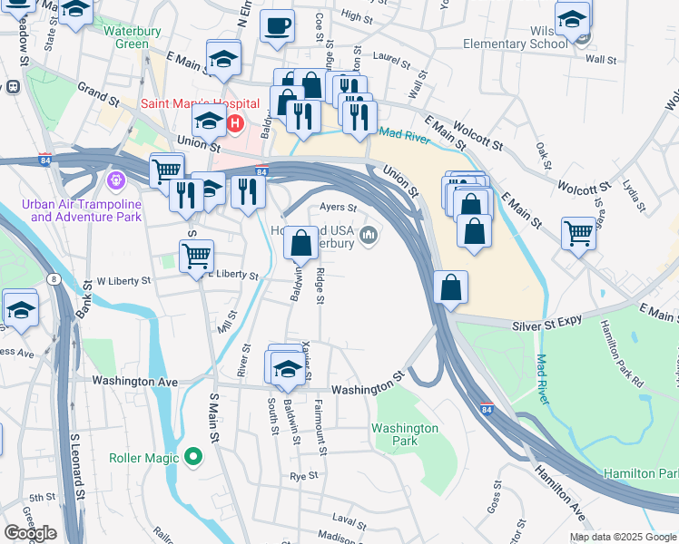 map of restaurants, bars, coffee shops, grocery stores, and more near 10 Carmen Street in Waterbury